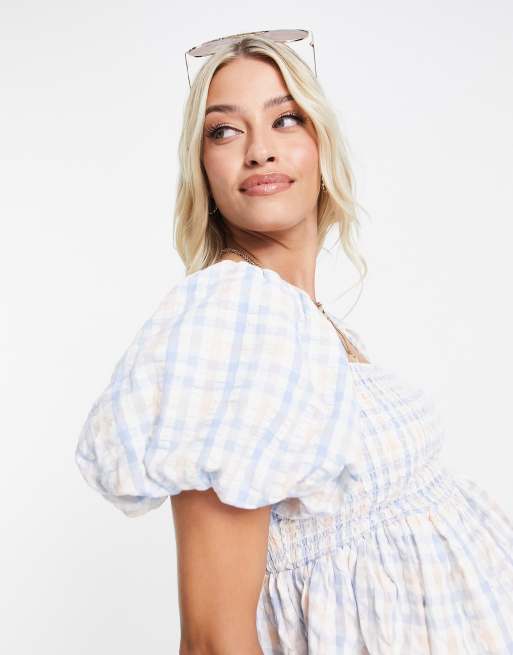 New Look Maternity - Blouse froncée à carreaux et manches bouffantes - Bleu, 3 de 4
