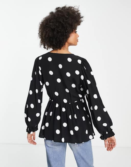 New Look Maternity blouse with ruffle sleeves in black and white polka dot