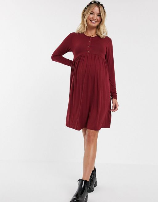 New Look Maternity – Bordowa sukienka tunika z długim rękawem i guziczkami  z przodu | ASOS