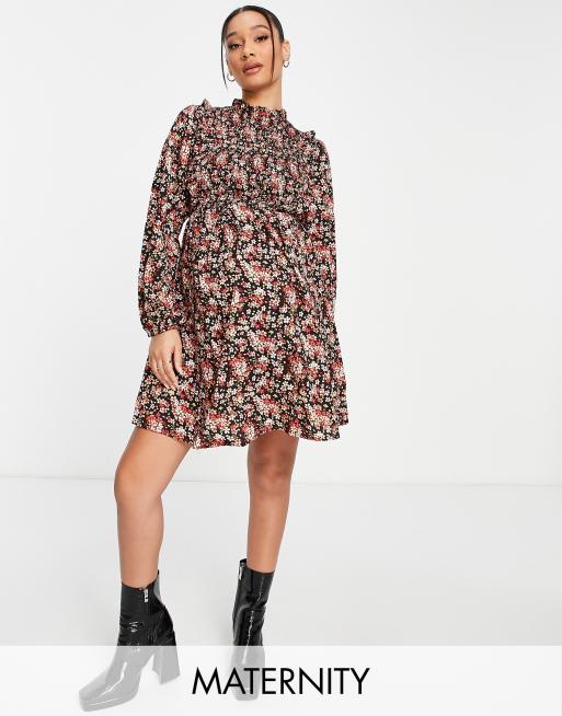 New Look Maternity – Brązowa wzorzysta marszczona sukienka mini z zabudowanym dekoltem