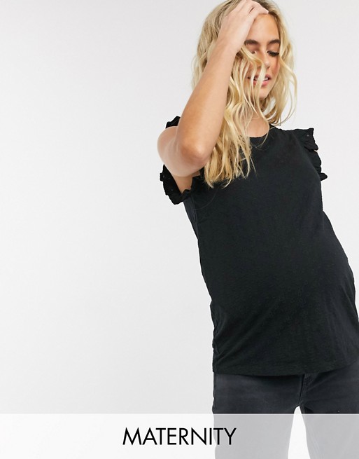 New Look Maternity broderie tee with ruffle sleeves in black