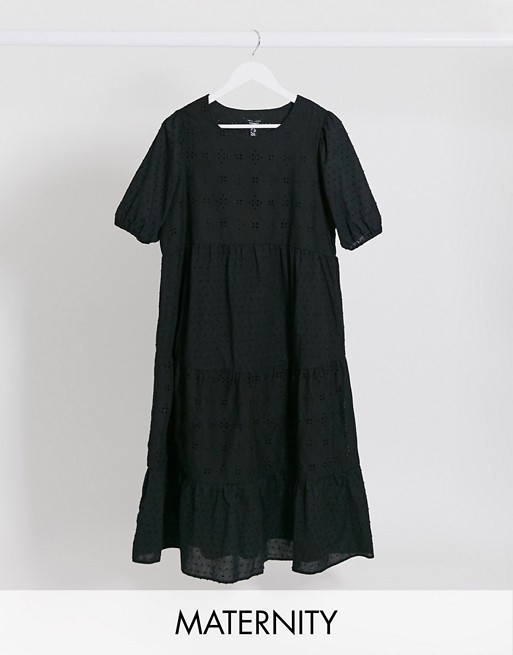 New Look Maternity broderie tiered midaxi dress in black
