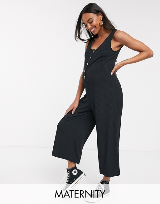 New Look Maternity button front jumpsuit in black rib