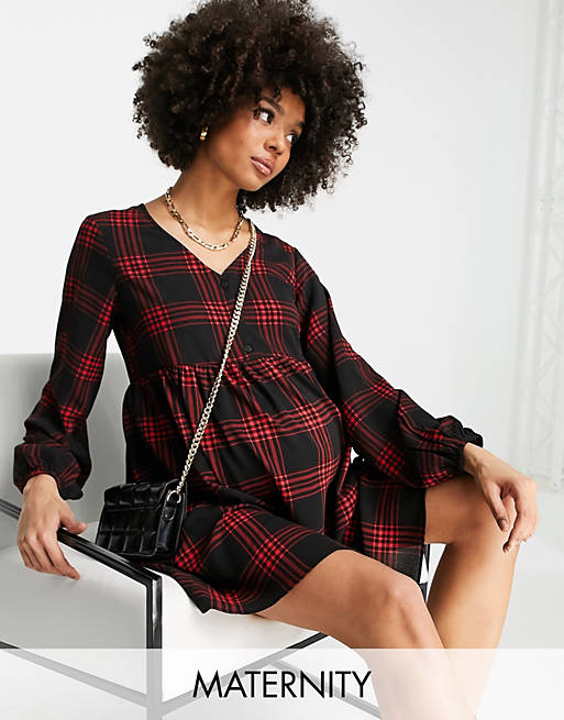 Dresses New Look Maternity button front smock mini dress in red check 