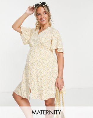 New Look Maternity button through mini tea dress in yellow ditsy floral