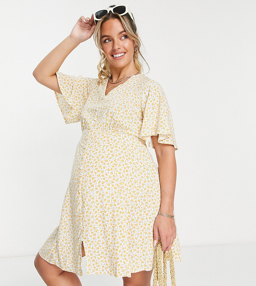 New Look Maternity button through mini tea dress in yellow ditsy floral