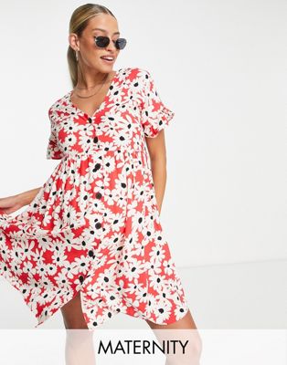 New Look Maternity button through smock dress in red floral