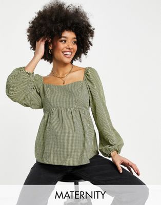 New Look Maternity check square neck peplum blouse in green