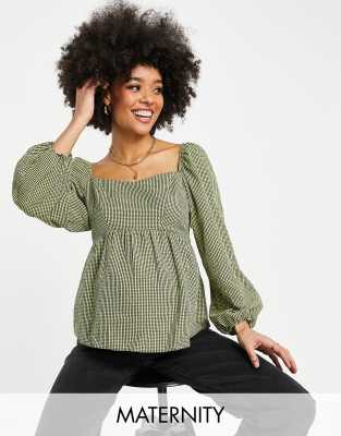 New Look Maternity check square neck peplum blouse in green