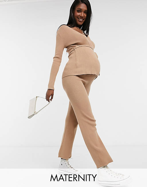 New Look Maternity co-ord knitted wide leg trouser in camel