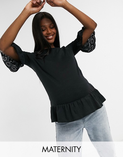New Look Maternity crochet peplum sleeve t-shirt in black