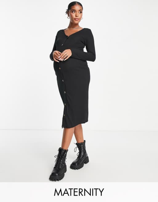 New Look Maternity – Czarna prążkowana sukienka z guzikami
