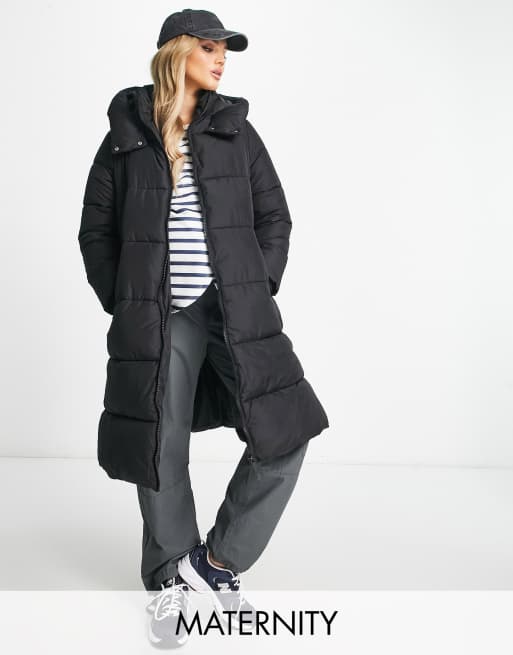 New Look Maternity – Czarny ocieplany płaszcz o wydłużonym fasonie