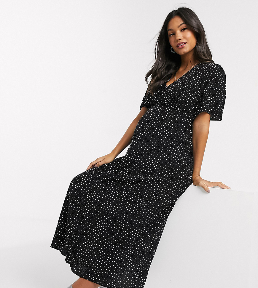 New Look Maternity - Doorgeknoopte jurk met zwart-witte stippenprint in zwart