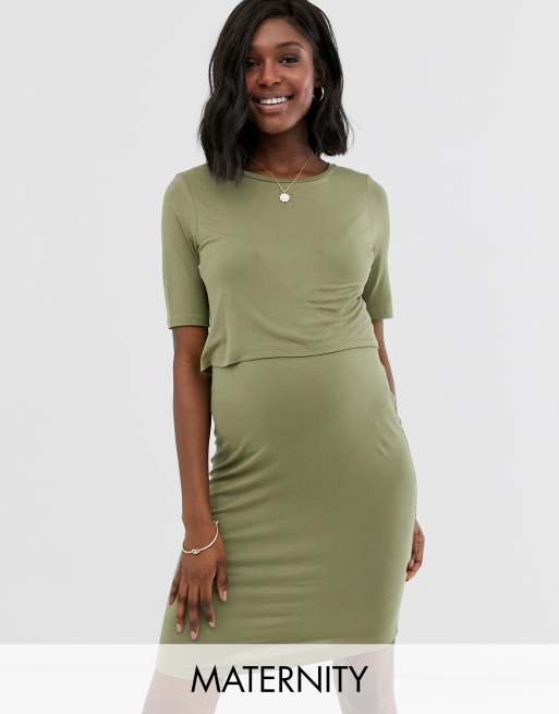 New Look Maternity double layer nursing dress in khaki ASOS