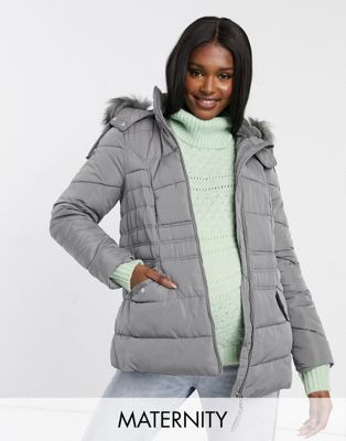 New Look Maternity faux fur hooded puffer jacket in gray-Black