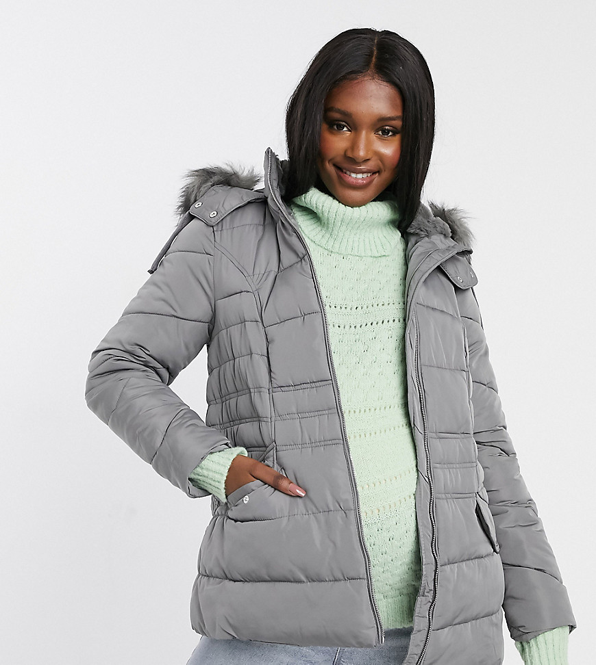 New Look Maternity faux fur hooded puffer jacket in gray-Black