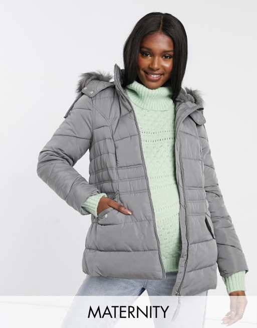 Grey Faux Fur Trim Hooded Puffer Jacket