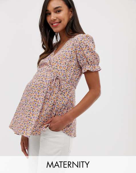 New Look Maternity floral frill hem top in purple