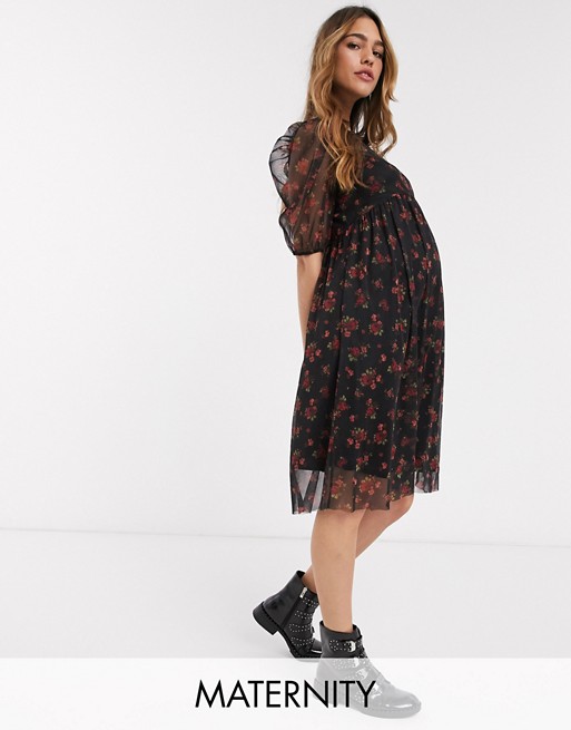 New Look Maternity floral mesh puff sleeve midi dress in black pattern