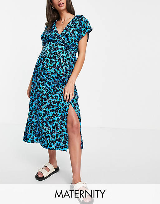 New Look Maternity wrap midi dress in blue floral