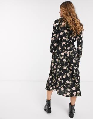 grey frill floral midi dress