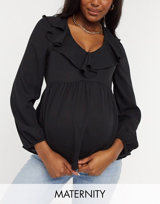 New Look Maternity frill neck peplum blouse in black