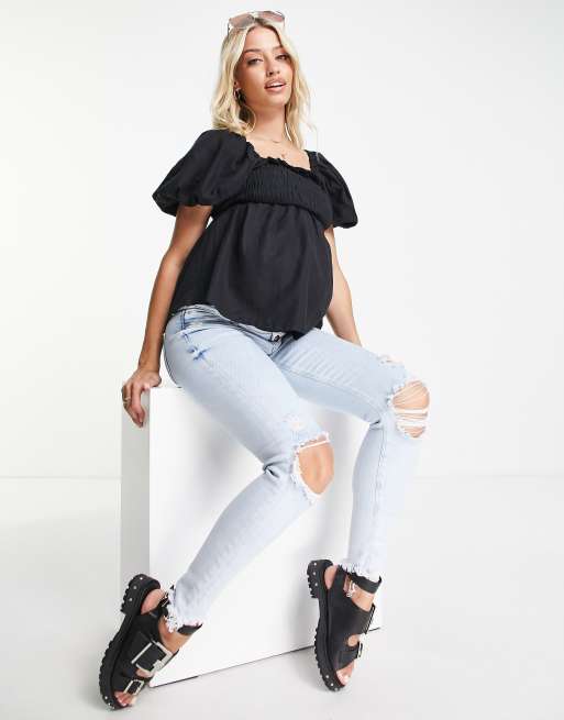 New Look Maternity - Gesmokte blouse met pofmouwen in zwart, 3 van 4