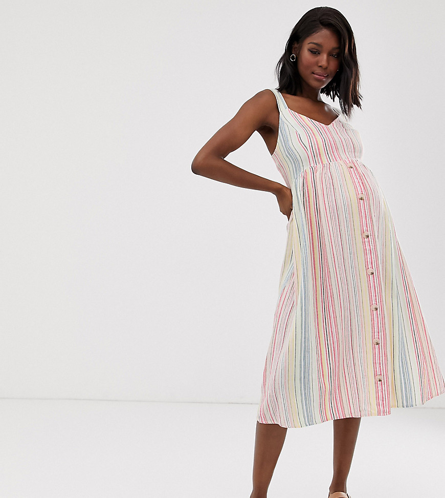 New Look Maternity - Gestreepte linnen midi-jurk met patroon in wit