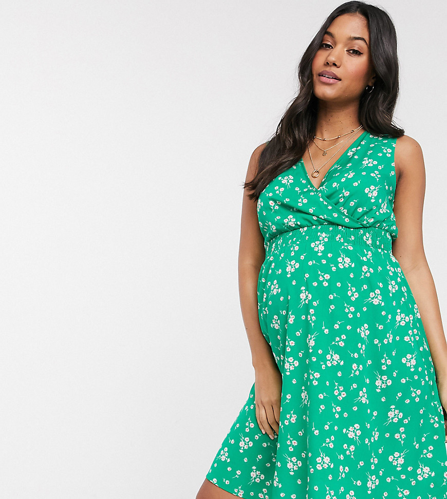 New Look Maternity – Grön, blommig klänning med smockad midja-Flerfärgad