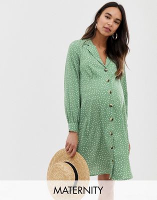 New Look Maternity – Grön, prickig klänning med knappar