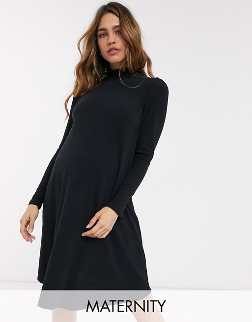 New Look Maternity high neck puff sleeve rib midi dress in black