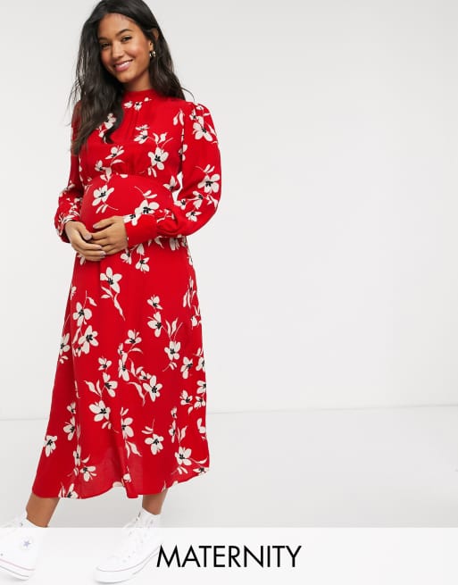 New look split detail midi clearance dress in red floral pattern