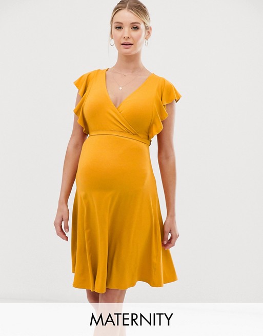 New Look Maternity jeresey frill sleeve wrap dress in yellow