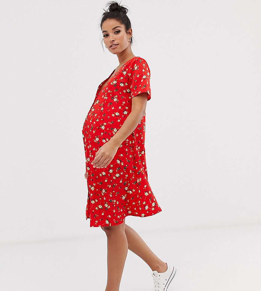 New Look Maternity - Jurk met knopen vooraan en fijne bloemenprint in rood