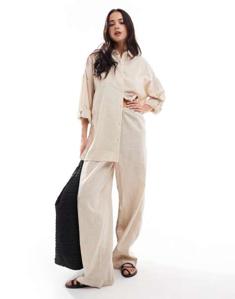 New Look cotton slub wide leg trousers co-ord in cream