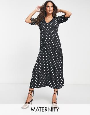 lace detail midi dress in black polka dot