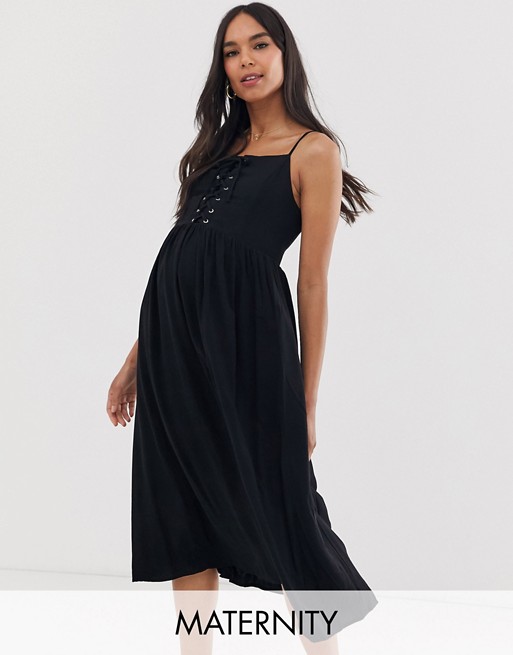 New Look Maternity lattice front midi dress in black