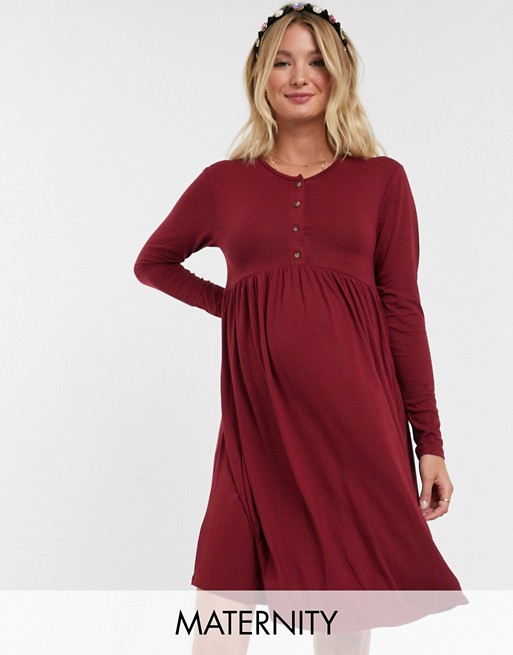 New Look Maternity long sleeve button front smock dress in burgundy