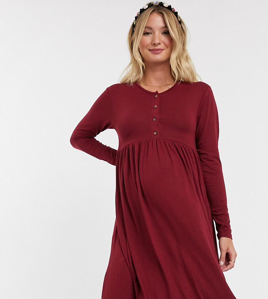 New Look Maternity long sleeve button front smock dress in burgundy-Red