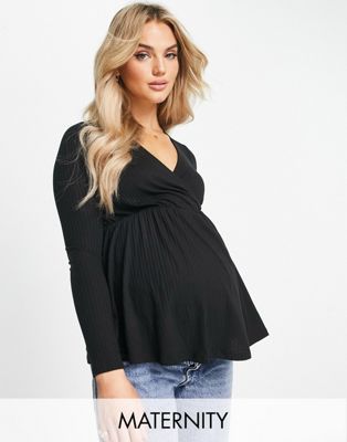 New Look Maternity long sleeve button through peplum tee in black