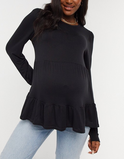 New Look Maternity long sleeve double tier peplum t-shirt in black