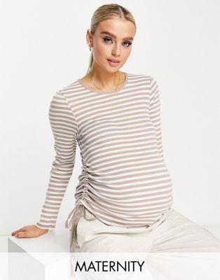 New Look Maternity long sleeve ruched side top in neutral stripe