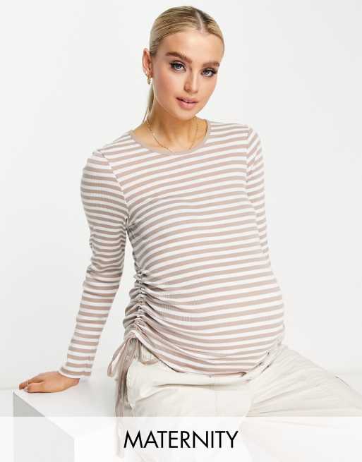 New Look Maternity long sleeve ruched side top in neutral stripe