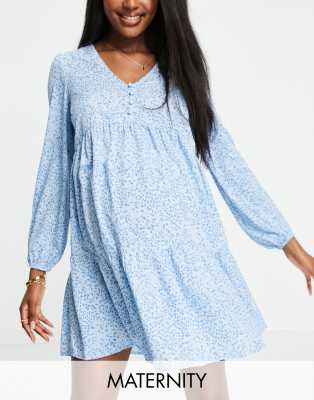 New Look Maternity Long Sleeve Smock Dress In Blue Pattern-blues In Blues