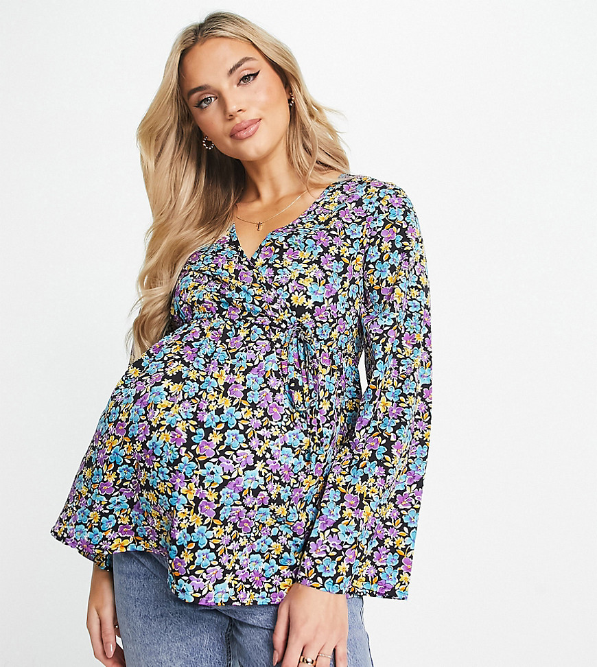 New Look Maternity long sleeve wrap blouse in black floral