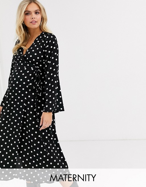 New Look Maternity long sleeve wrap dress in black polka dot