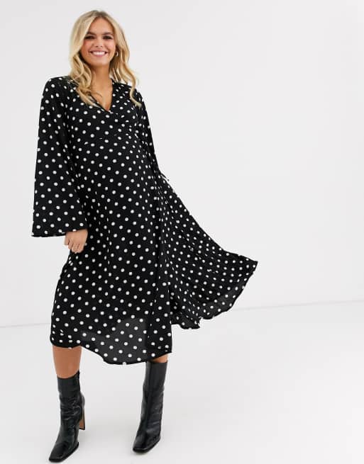 New Look Maternity long sleeve wrap dress in black polka dot, 4 of 4