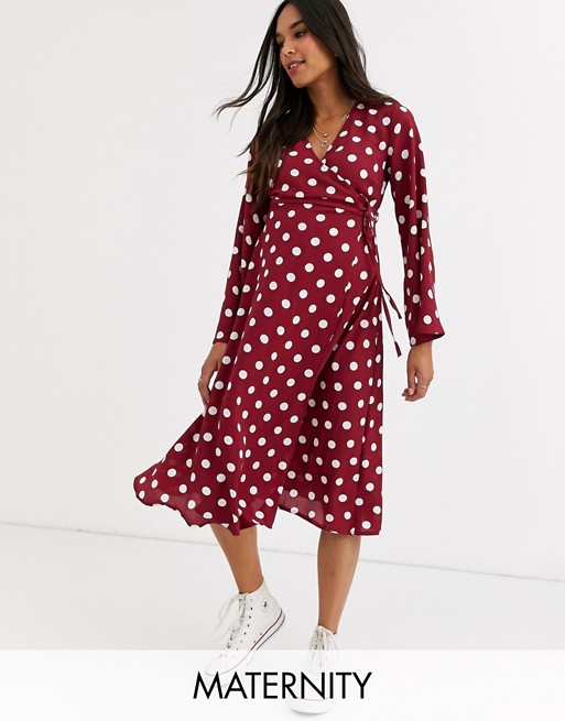 New Look Maternity long sleeve wrap dress in red polka dot | ASOS