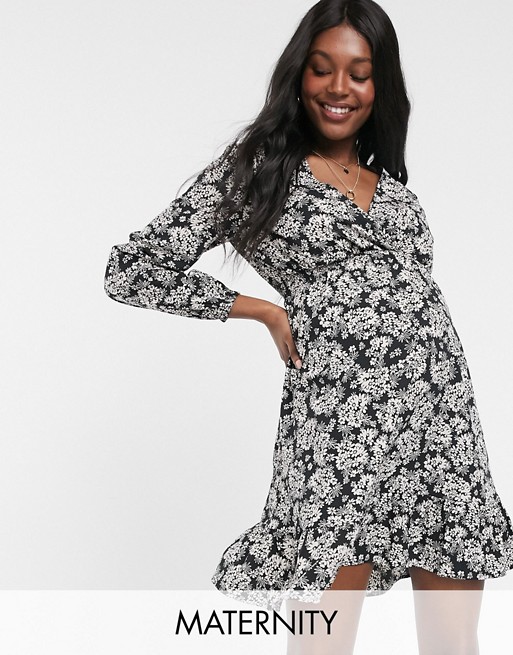New Look Maternity long sleeved mini dress in black floral